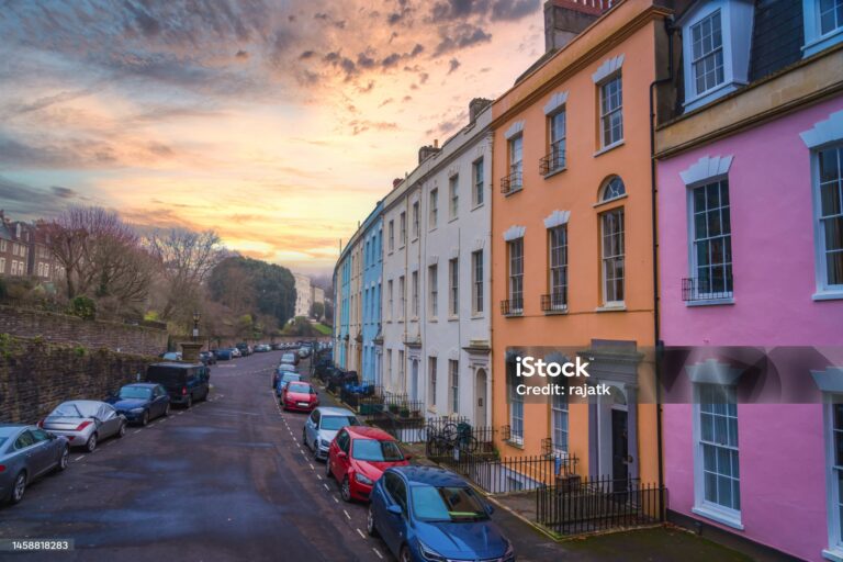 Cornwallis Crescent colourful homes at Clifton in Bristol England during sunset